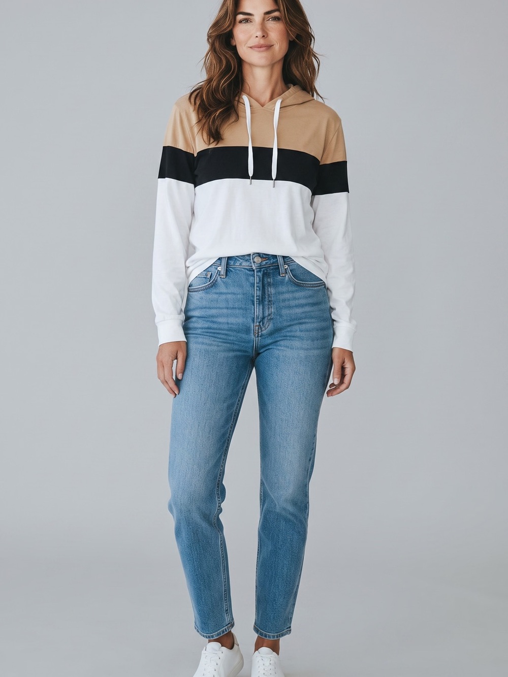 Kenneth Cole Colorblock Hooded Pullover in Tan, Black & White 95% cotton
